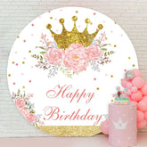 Aperturee - Gold Glitter Pink Flower Round Happy Birthday Backdrop